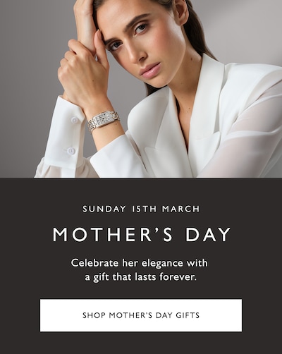 Mothers Day Campaign banner with text on the left - Sunday 15th March - Mother's Day - Celebrate her elegance with a gift that lasts forever. - Shop Mother's Day Gifts. On the right image of woman wearing Longines watch. image