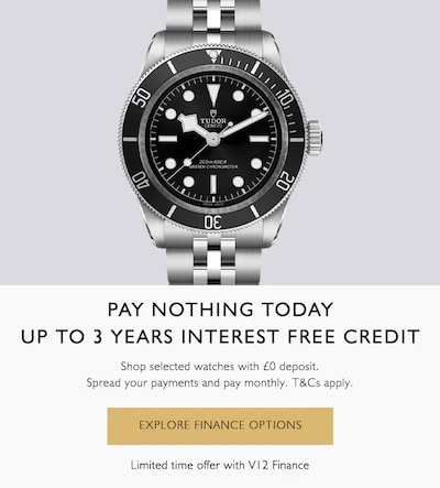 Pay Nothing Today Up To 3 Years Interest Free Credit - Shop selected watches with £0 deposit. Spread your payments and pay monthly. T&Cs apply. Explore Finance Options - Limited time offer with V12 Finance image